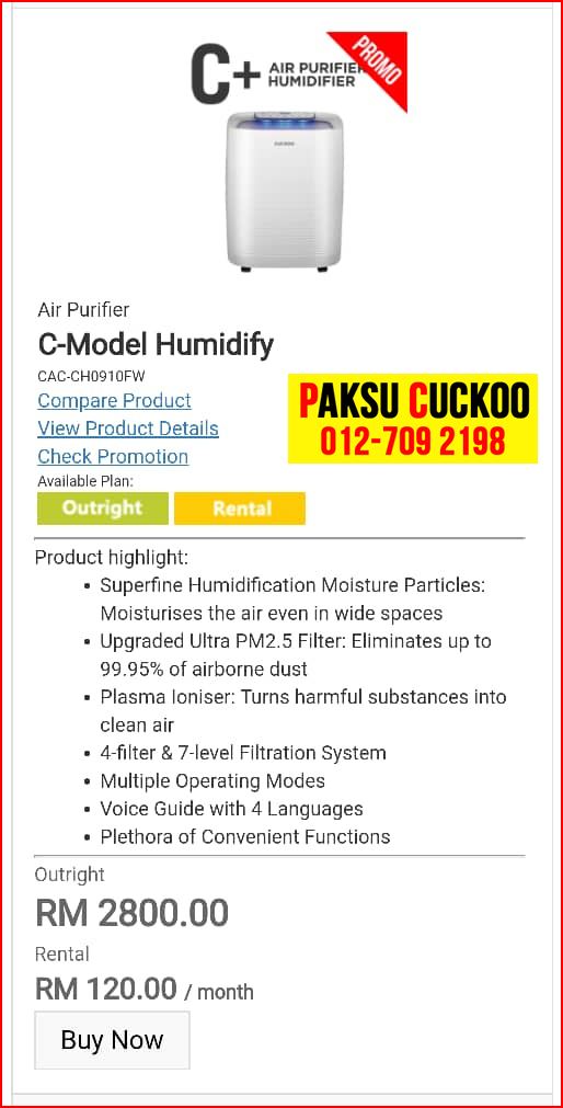 register harga sewa beli pasang penapis udara cuckoo kuala lumpur KL c model plus vs penapis udara coway cuckoo air purifier terbaik