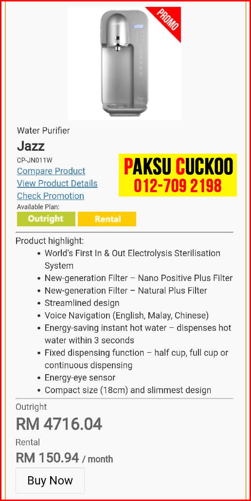 6 penapis air cuckoo jazz model review spec spesifikasi harga cara beli agen ejen agent price pasang sewa rental cuckoo water filter di Chukai, Gong Kedak, Jabur,